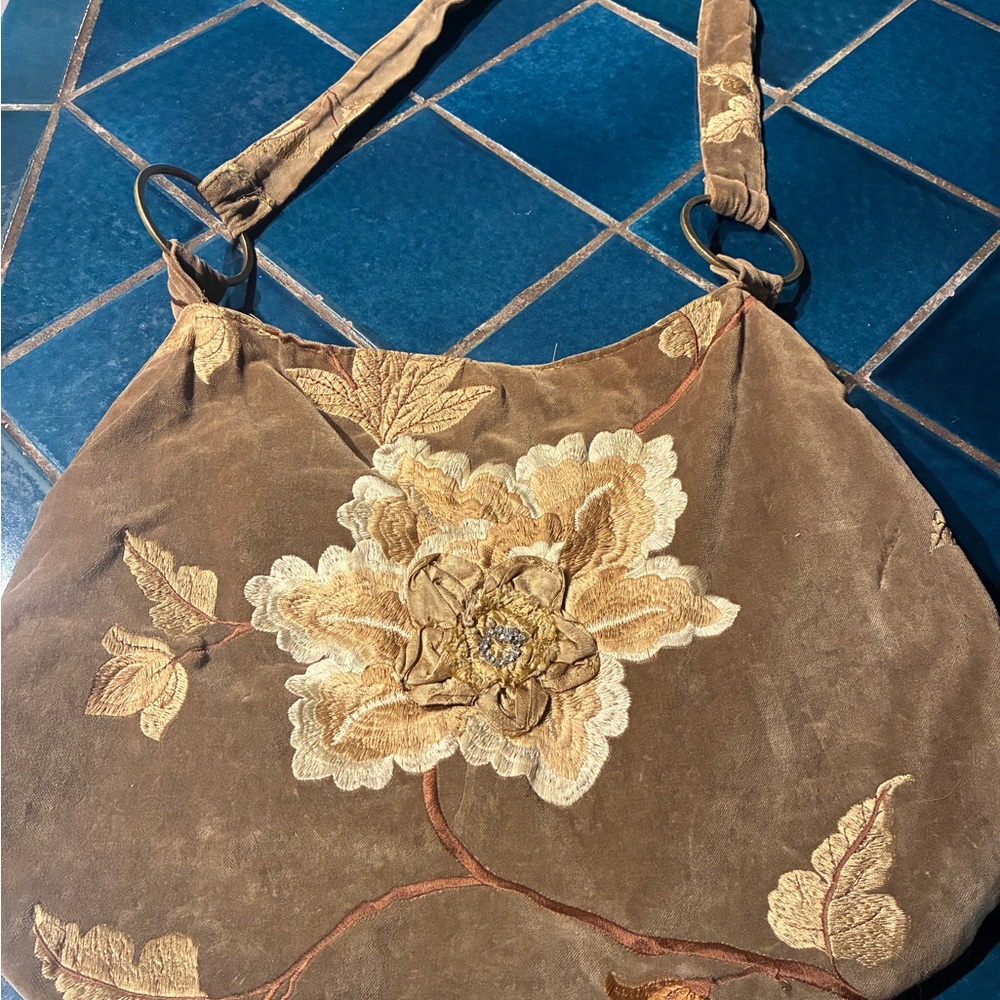 Floral Embroidered Brown, Sage and Gold Boho Velvet Bag